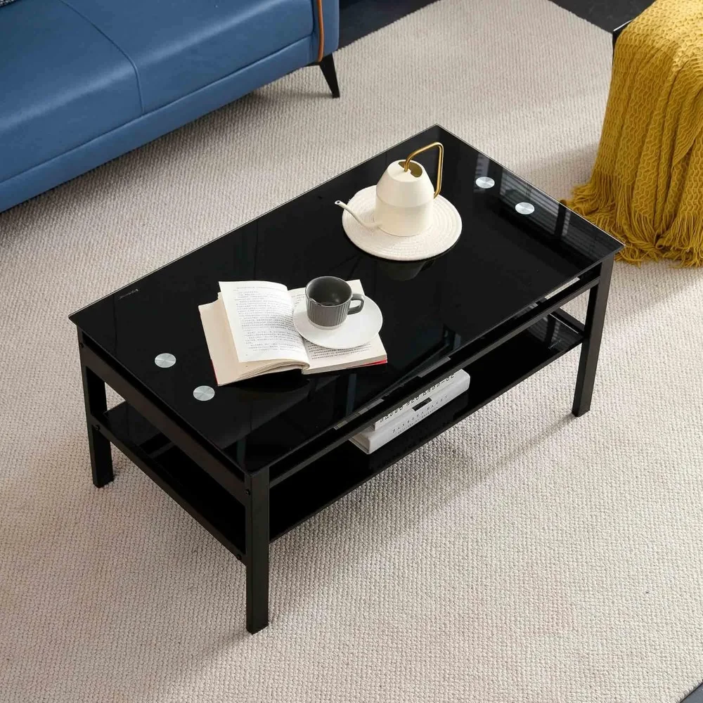 Lift Top Coffee Table with Storage Shelf, 2-Teir Open Storage Coffee Table Tempered Glass Rising Tabletop and Metal Frame