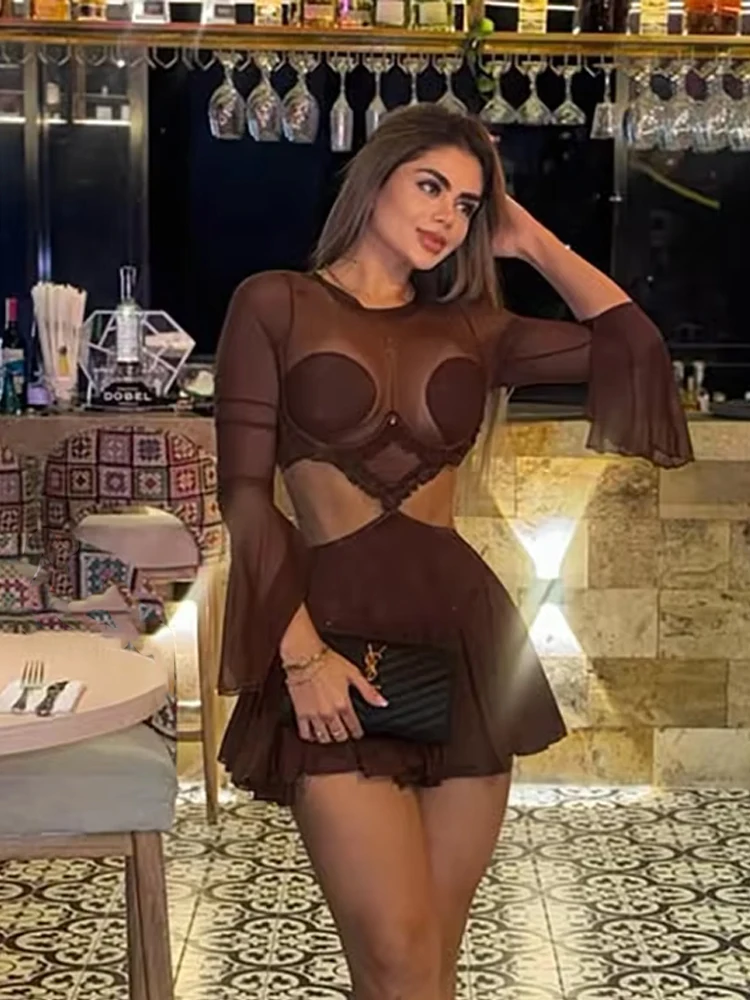 เดรสสั้นผ้าตาข่ายปะติดปะต่อ คอกลม แขนยาว แต่งระบาย ดีไซน์เว้าเอว สำหรับงานปาร์ตี้กลางคืน สไตล์เซ็กซี่ แฟชั่นเข้ารูป