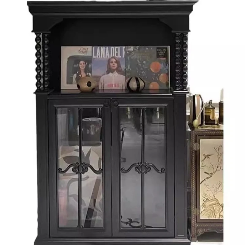 

French retro black dining side cabinet/American light luxury storage locker/simple modern solid wood entrance decorative cabinet