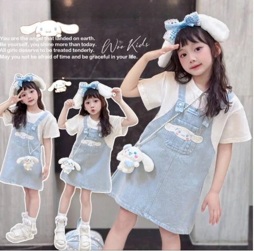 

Kuromi Girl Dress Sanrios Cinnamoroll Two Fakes Strap Skirt Summer New Girls Party Dresses Short Sleeve Children's Clothing
