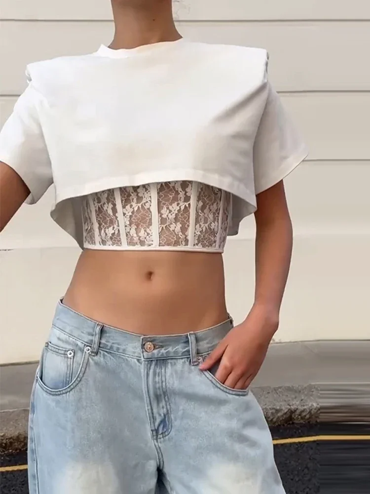 Lace Patchwork Cropped Top Women Fashion O-Neck Short Sleeve Slim Fit Show Waist Corset 2 Pieces Shirt 2026 Summer Fashion Tops
