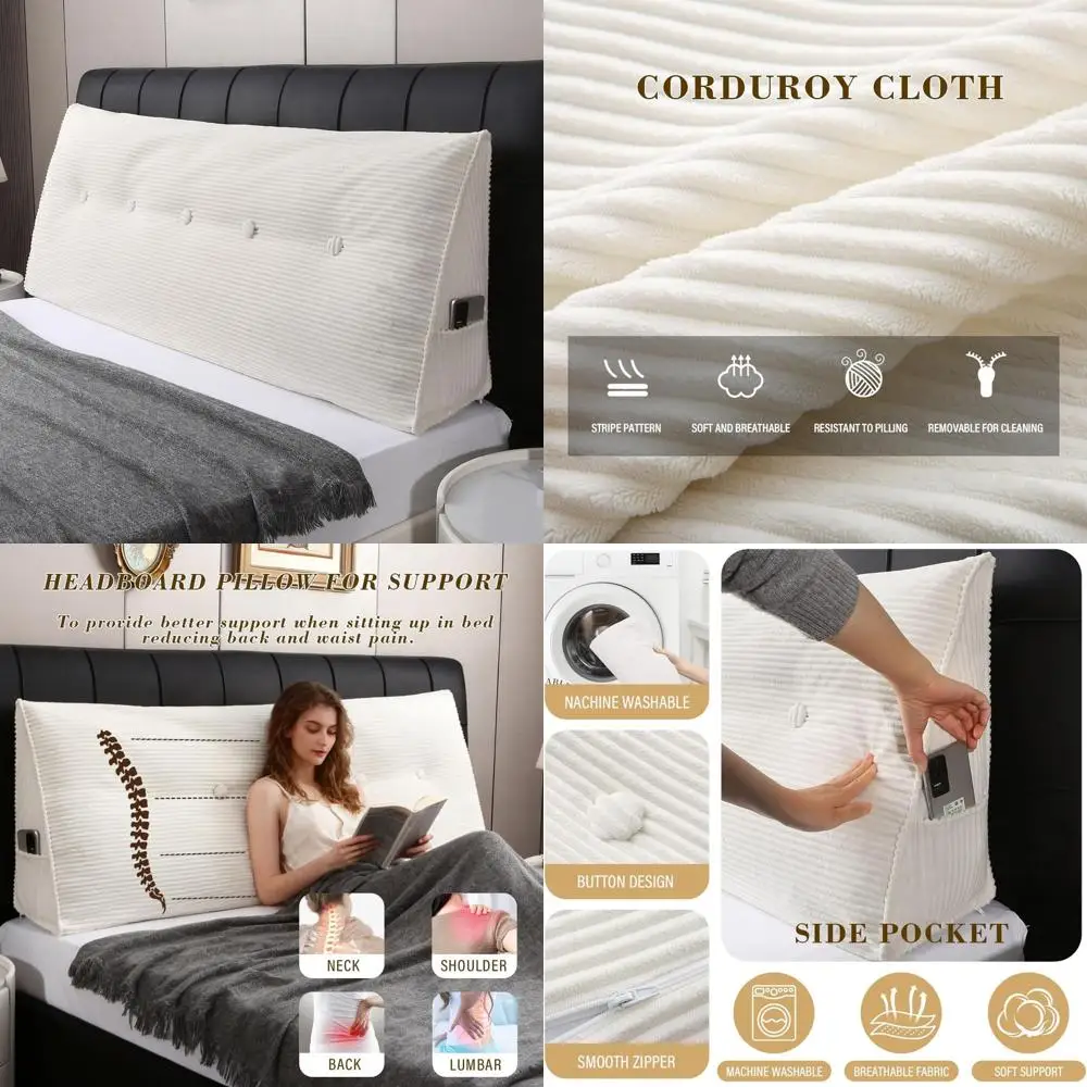 

White Twin Size Wedge Pillow Headboard for Dorm, Supportive for Reading and Relaxing, Corduroy Cover, Washable, Polyester & Shre