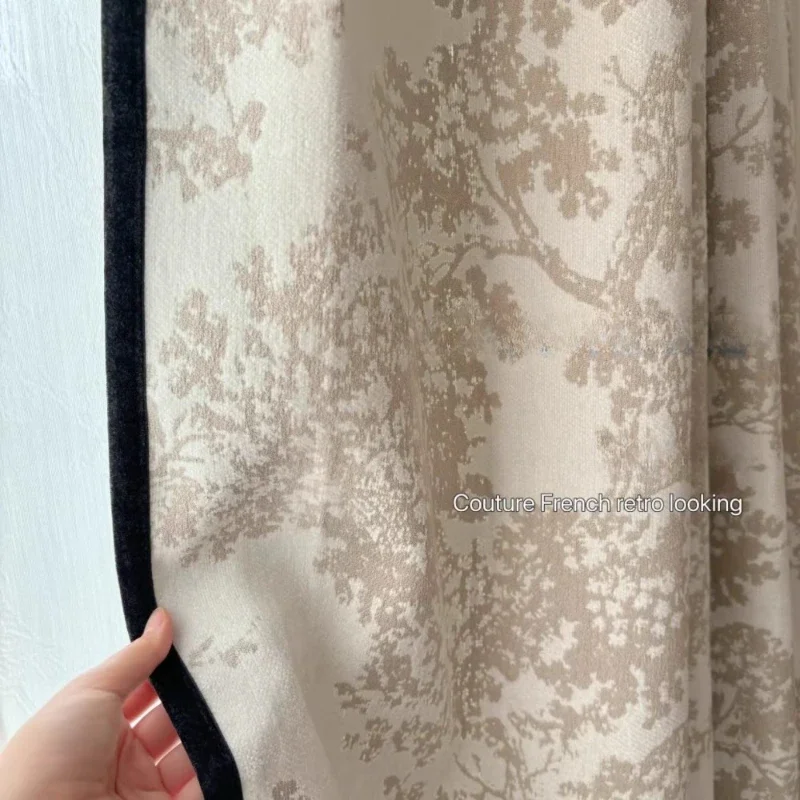 French Bayberry Thickened Blackout Milk Tea Black Edge Curtains for Living Dining Room Bedroom Jacquard Fabric Customization