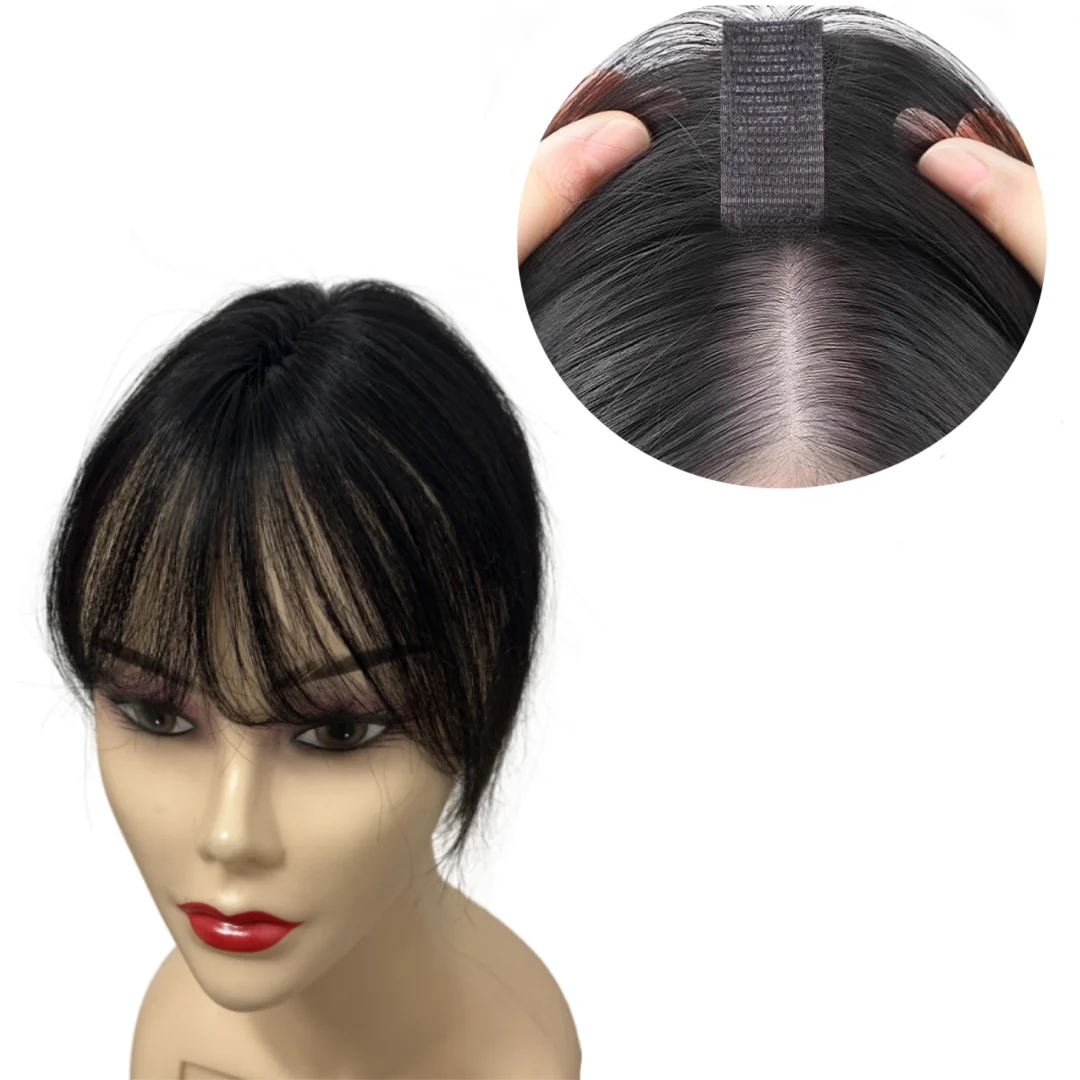 Upgraded Hair Seams Sticker Hair Toppers for Women with French Bangs No Clips Hair Extension Hook and Loop Fluffy Hair Patches