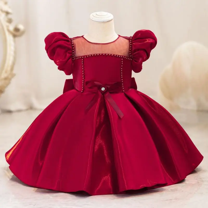 New Girls\' Bead Solid Color Bow Bubble Sleeve Princess Dress Christmas Halloween Birthday Party Fashionable Evening Dress