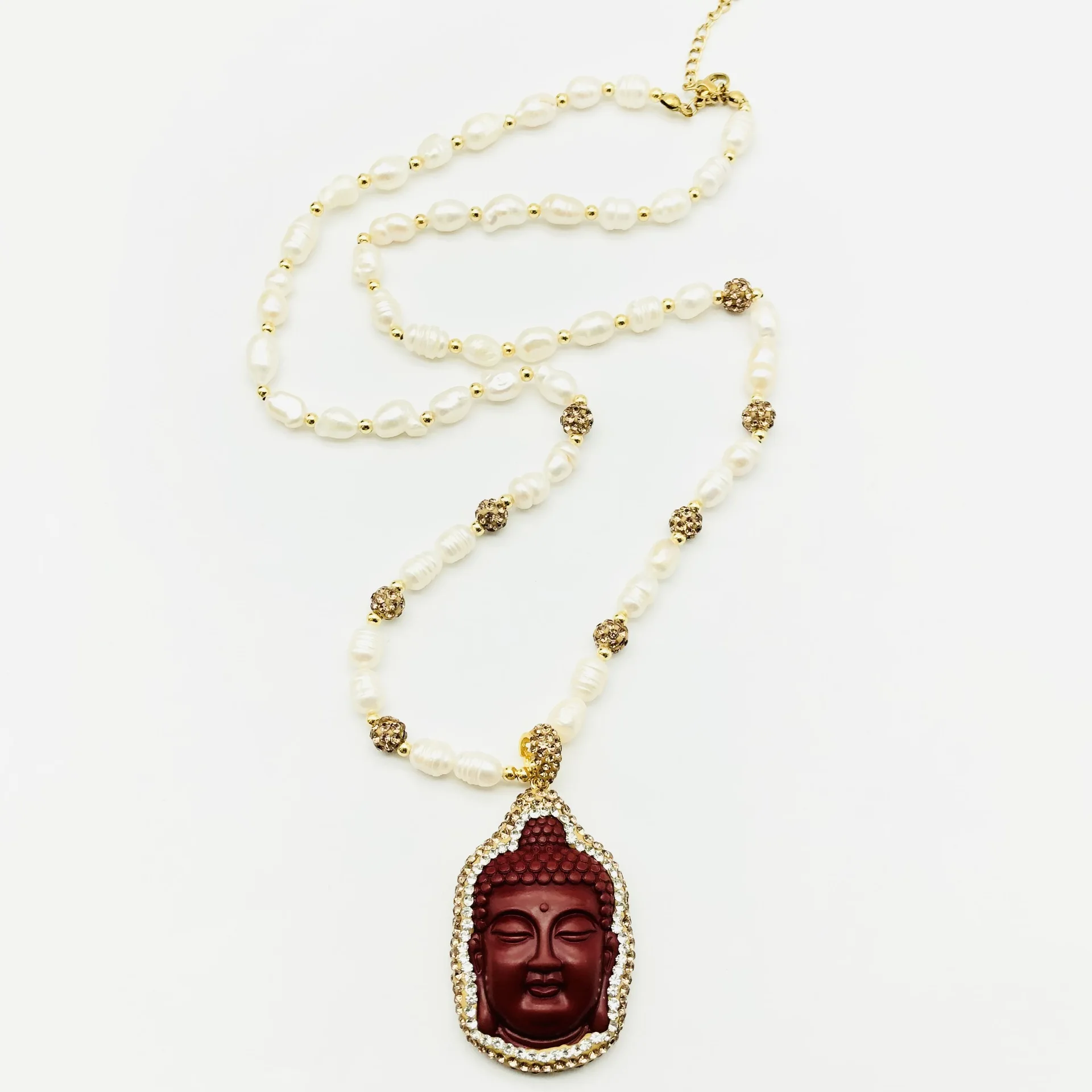 Red vermilion Buddha head pendant Pearl sweater chain Country tide wind peace pendant Buddha head necklace Jewelry Accessory