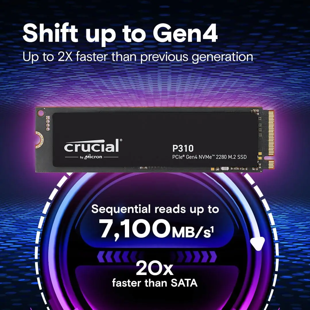 Crucial P310 1TB 2280 PCIe Gen4 3D NAND NVMe M.2 SSD – Up to 7,100 MB/s – Shift up to Gen4, with Acronis Offer, Internal SSD