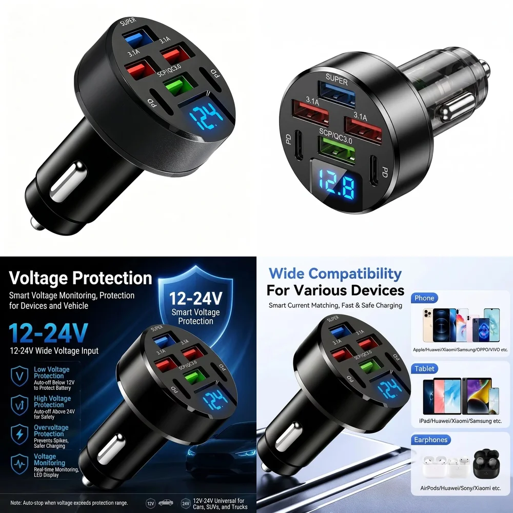 Chargeur de voiture 100W à six ports multi-ports avec affichage numérique LED de la tension, adaptateur de charge rapide USB QC3.0 SCP PD pour iPhone Samsung