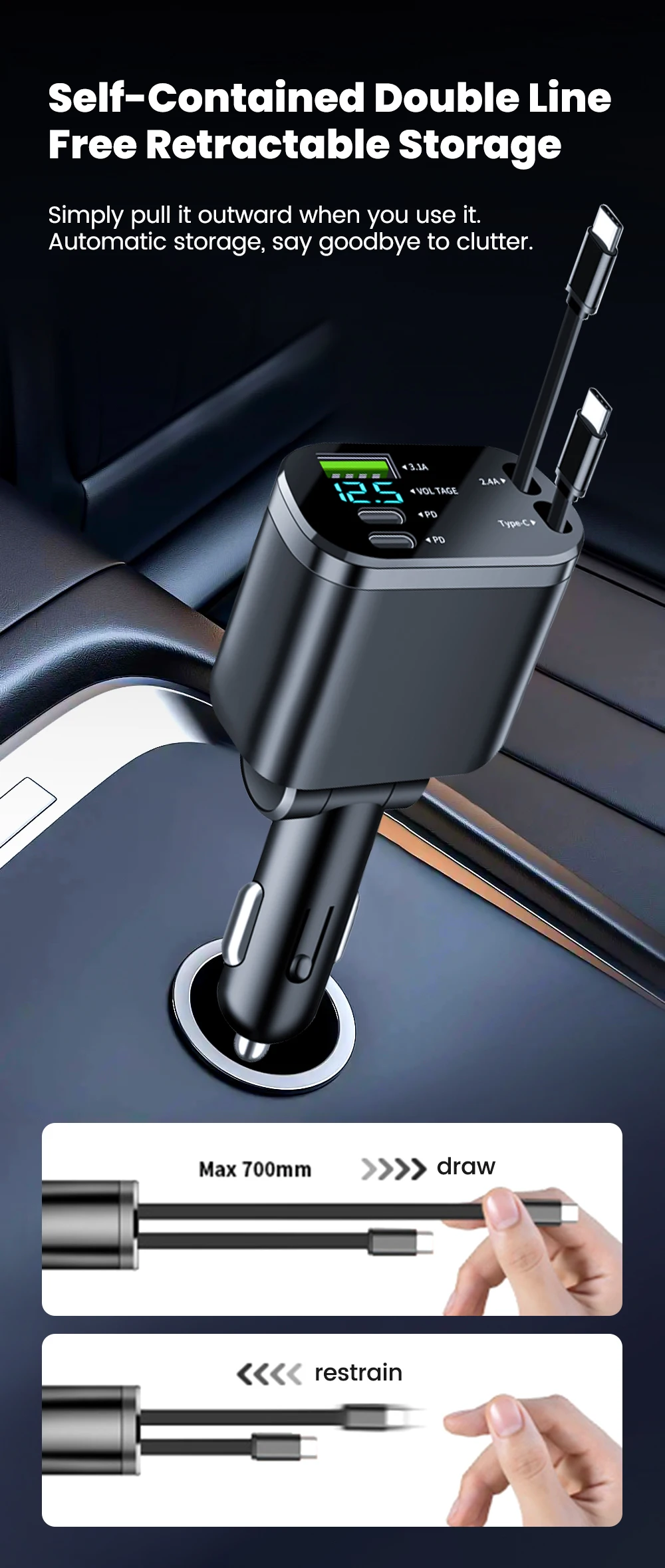 Elough Digital Display Car Charger with Retractable Cable PD Car Fast Charger for iPhone Xiaomi Huawei Samsung