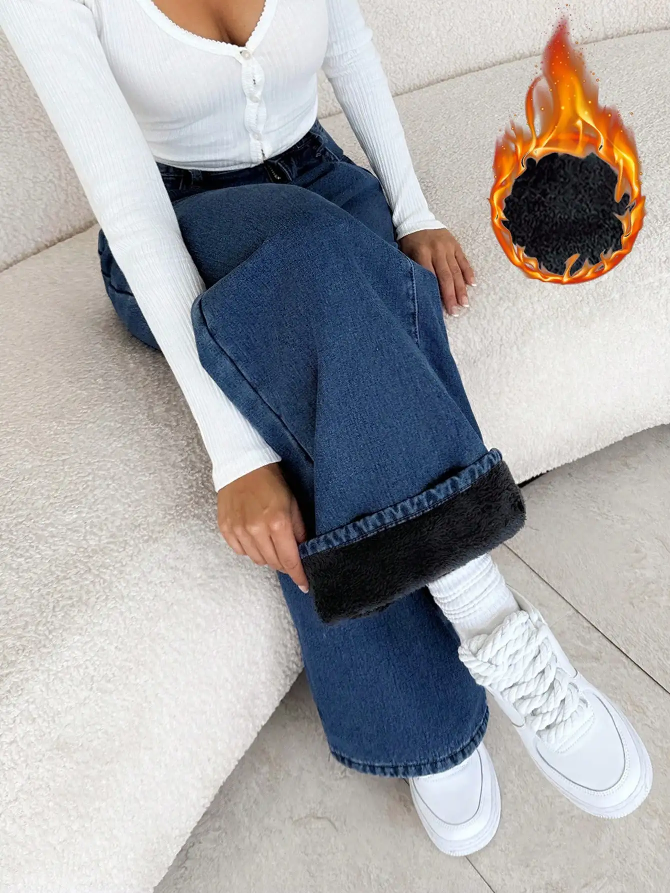 

Джинсы с широкими штанинами на термо подкладке для высоких женщин, для осенне-зимнего сезона, теплые, повседневные