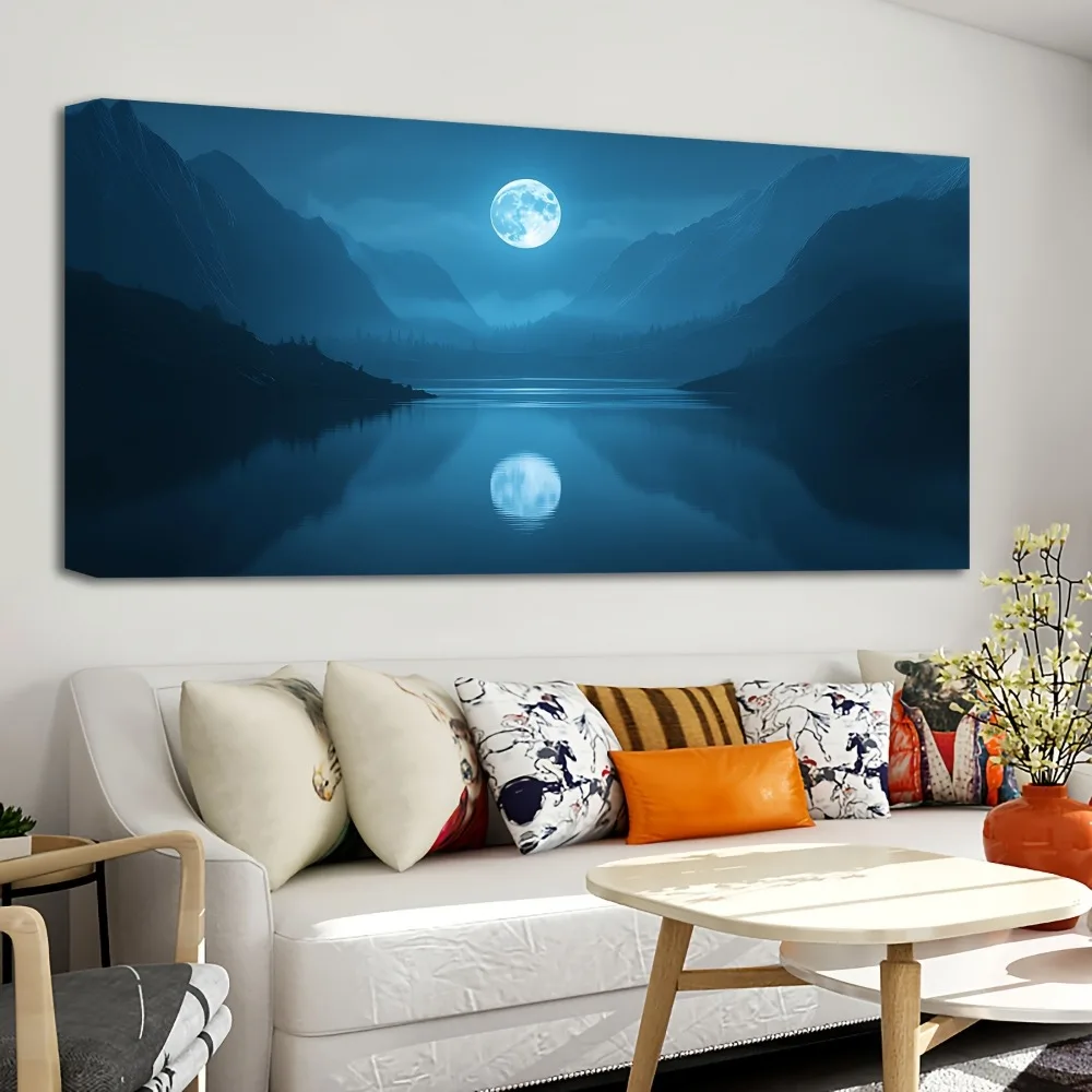 1.5 inch thick pine solid wood frame, moon ocean landscape full moon painting, suitable for hanging indoors