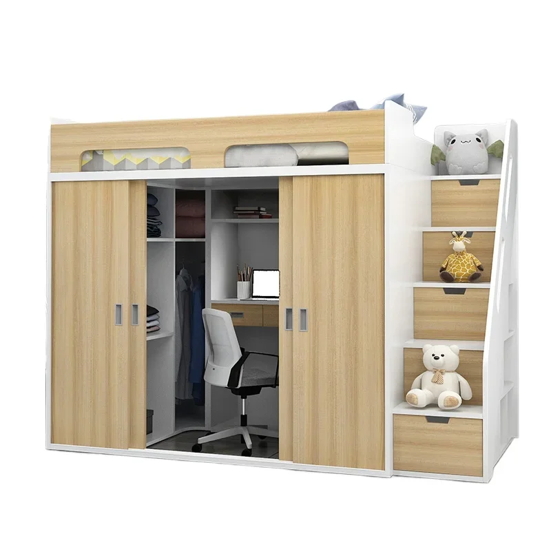 Solid wood duplex two-story loft bed with desk, wardrobe combination, cloakroom integrated