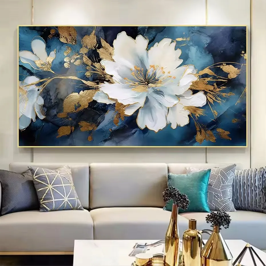 

Light luxury single modern abstract mural living room sofa background wall blue background white flower beautiful canvas