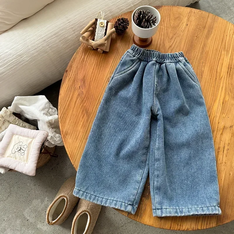 Girls Pants 2025 Winter New Childrens Thick Soft Jeans Casual Simple Daily Clothes Korean Style Baby Girls Patch Cloth