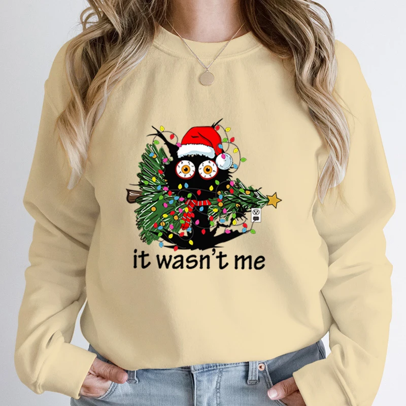 

Christmas Tree Cat It Wasn't Me Print Pullovers Round Neck Tops Women Hoodless Sweatshirts Long-sleeved Autumn Winter Sweatshirt