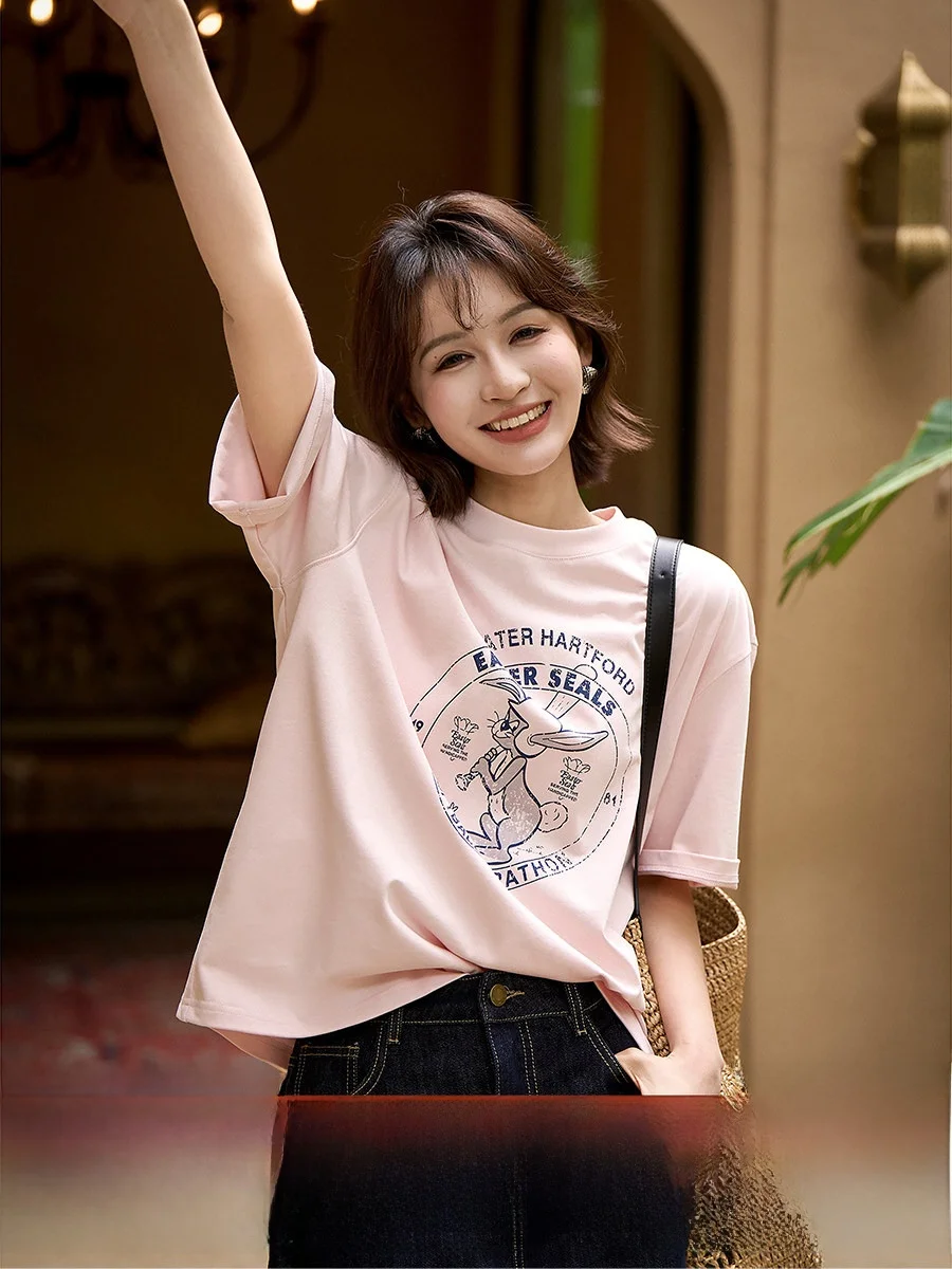 

Sakura Pink Rabbit Print Loose Short Sleeve T-Shirt Women's Casual Cotton Top Vintage Style Breathable Comfortable Summer Tee