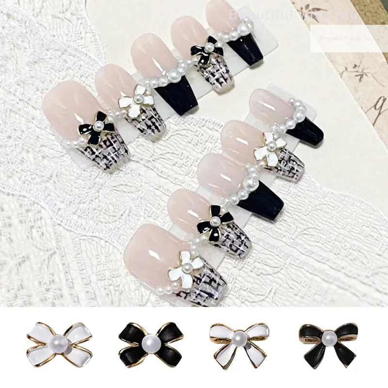 Black/White French Bow Nail Charms DIY Pearl Alloy Nails Jewelry 3D Elegant Bowtie Metal Manicure Decoration