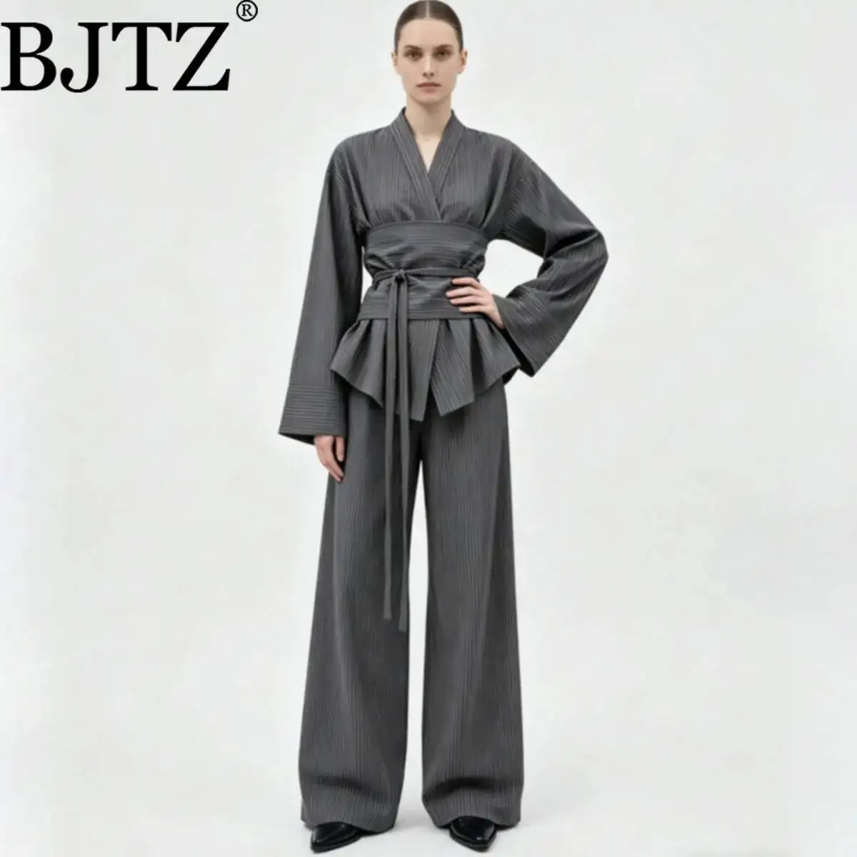 

BJTZ 2026 New Women Striped Kimono Two Piece Set Wrap Belted Top Elastic Waist Wide Leg Pants Elegant Casual Outfit