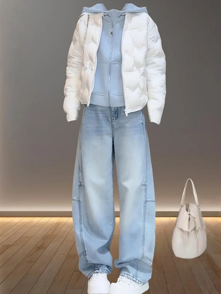 

plus Size Women's Lazy Style Wide Leg Denim Jeans Autumn Winter Thickened Fleece Casual High Waist Loose Slimming Pants