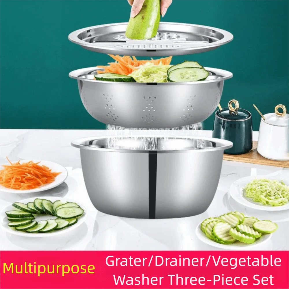 

Stainless Steel Vegetable Washing Basket Thickened Reusable Vegetable Slicer Grater Quick Drainage Strainer Mixing Bowl Set