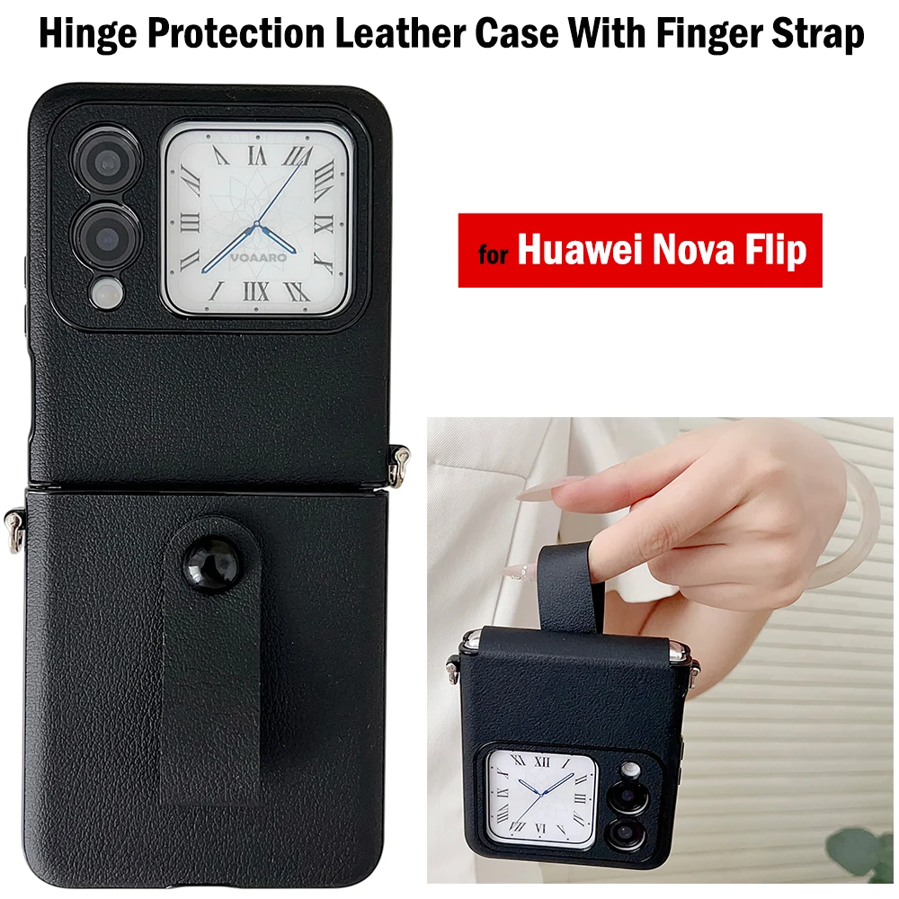 

Leather Hinge Protection Funda for Huawei Nova Flip Case with Finger Strap Ring Capa for Huawei Nova Flip Leather Phone Case