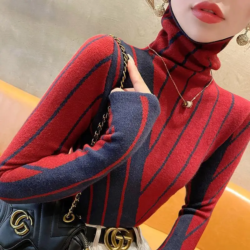 Women Korean Fashion Striped Turtleneck Elegant Knitted Sweater 2023 Autumn Winter Long Sleeve Warm Pullover Basic Tops Jumpers