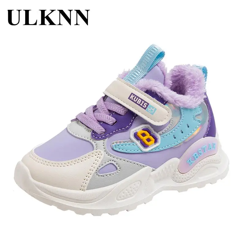 Girl With Velvet Sneakers Children Warm Autumn/winter Sports Shoes Purple Pink 2023 Winters Child Light Warm Shoes