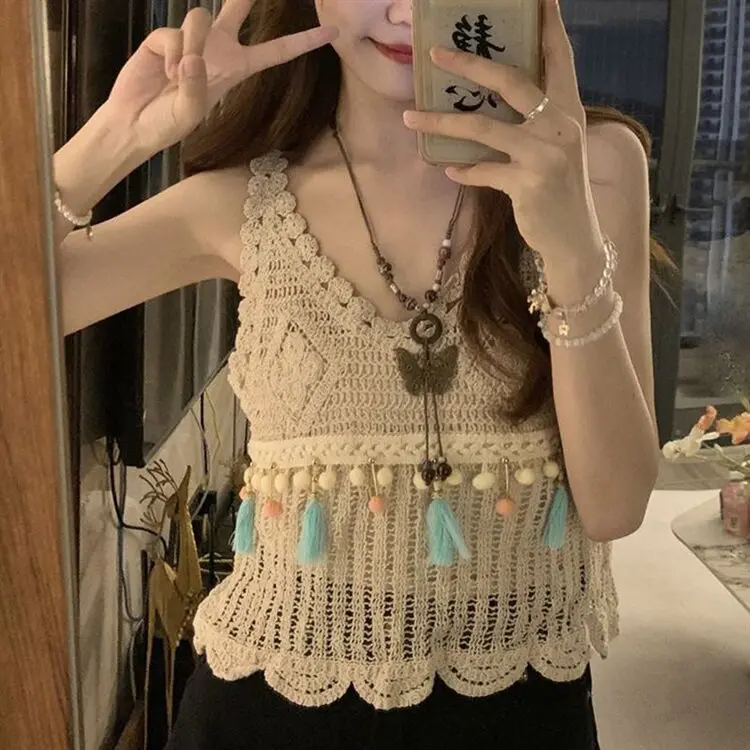 Sleeveless Crochet Top Embroidery Lace Fringed Pompom Open-knit Blouse Crop Tanks and Camis Women Summer Boho Vacation Outfit