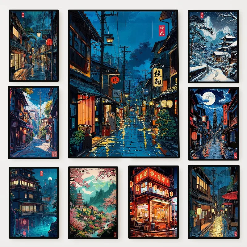 1pc frameless Japanese Cartoon Style Poster Ukiyo-e Illustration Anime City Street Landscape Canvas Painting Wall Art Living Roo