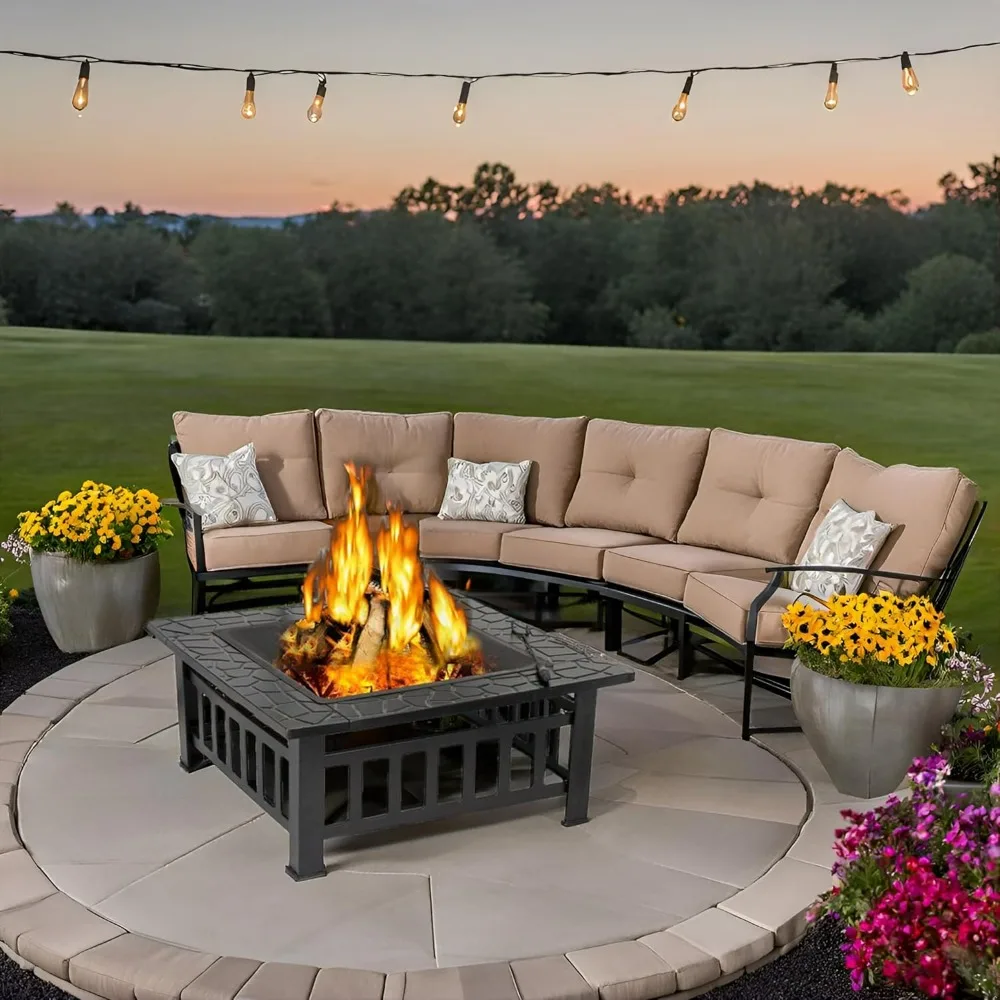 

F2C 32 Inch Square Metal Fire Pit - Wood Burning Stove with Waterproof Cover Poker for Patio Backyard Camping BBQ Travel