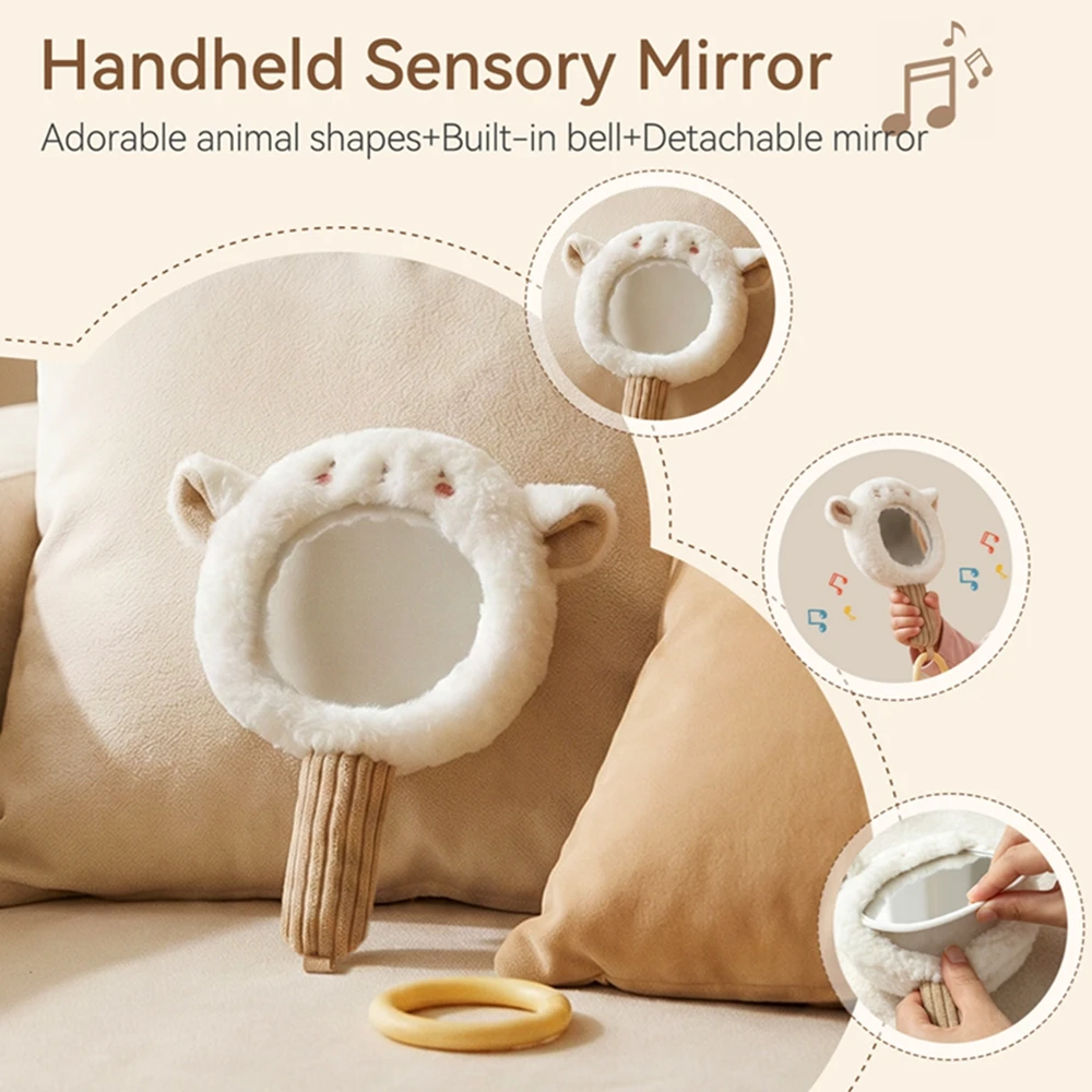 Lamb Baby Mirror Toys Cartoon Lion Safe Concave Convex Mirror and Soothing Toy Teether Loop Early Learning Gripping Toy Gifts
