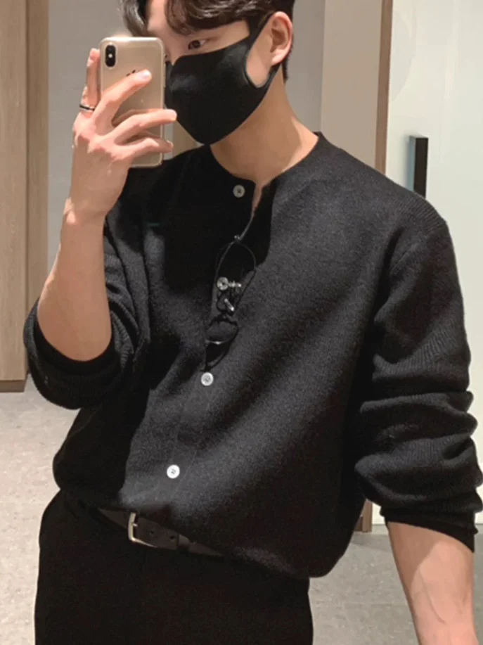Korean Style Knitted Long Sleeve round Neck Button up Cardigan Slim Fit Modal Sweatshirt Jacket Thin Outerwear for Men