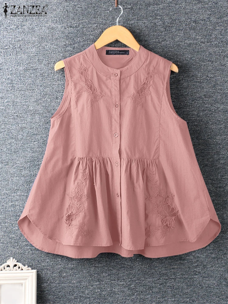 ZANZEA femmes été à volants débardeurs 2025 sans manches broderie t-shirts décontracté ample col rond chemises mode dessus de couleur unie