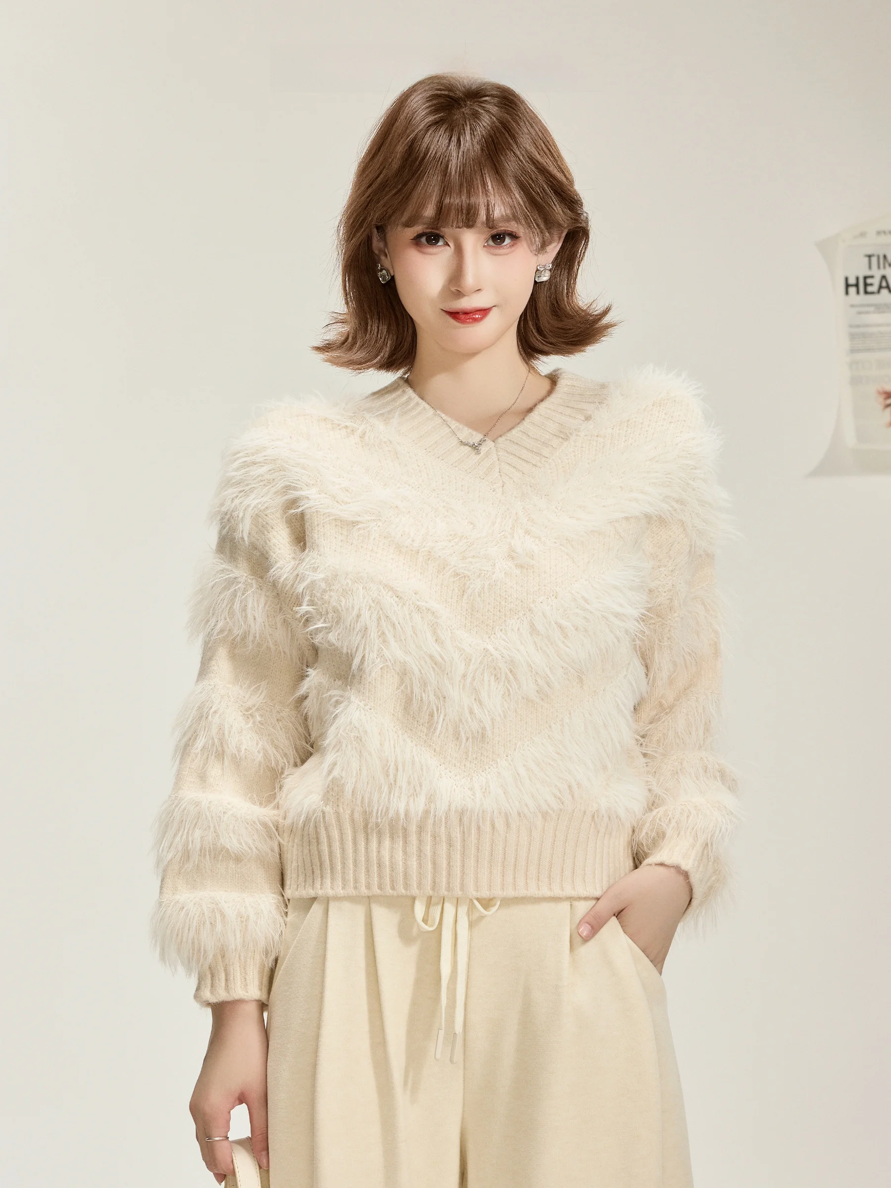 

Cozy ort Women's Knitted Sweater V-Ne Pullover Winter Warm Fce Soft Sweater Commute Sle Loose Fit Long Sve Top