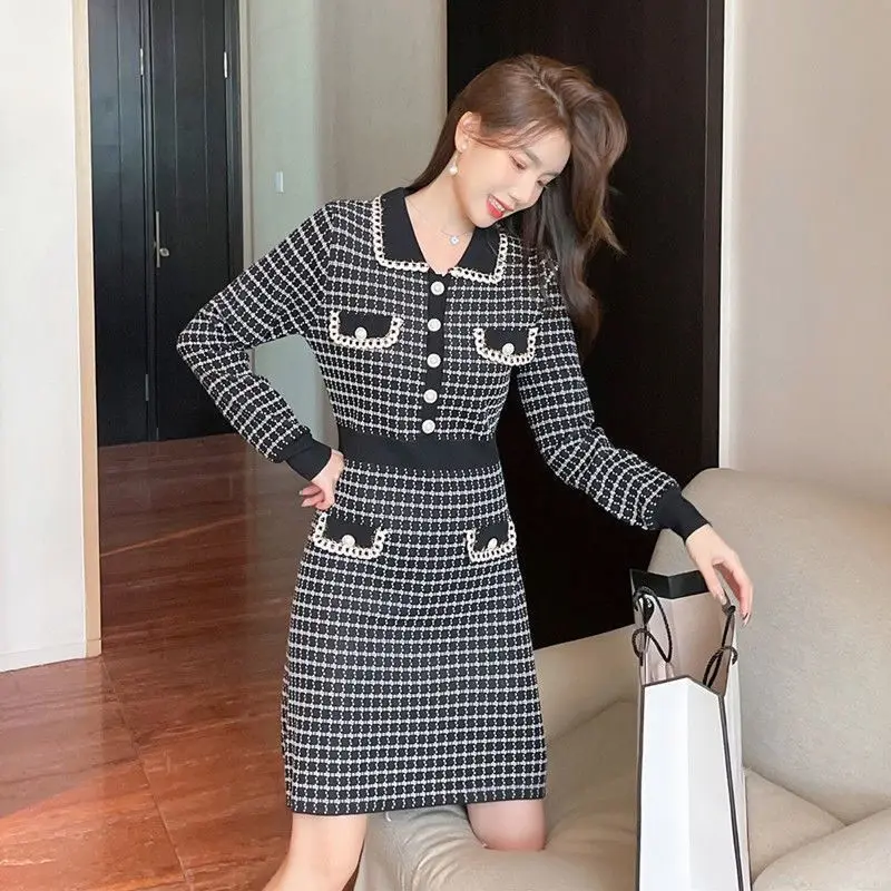 Knit Female Dress Midi Bodycon Knee Length Colorblock Clothing Crochet Women\'s Dresses Cover Up Plaid Hot Promotion One-piece