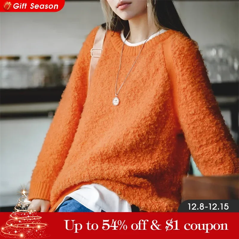 Maden Women\'s Vintage Pullover Orange Sweater Autumn/Winter Round Yarn Knitted Warm Sweater Underlay