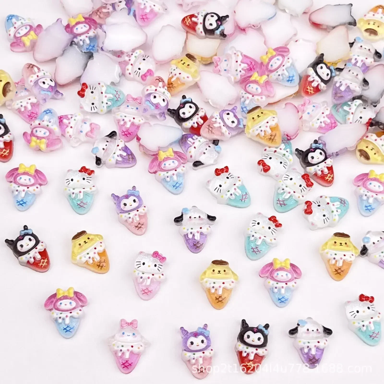 

50pcs Cartoon Nail Charms Summer Sanrio Ice Cream Nail Art Decoration Hello Kitty Kuromi DIY Resin Nail Accessories