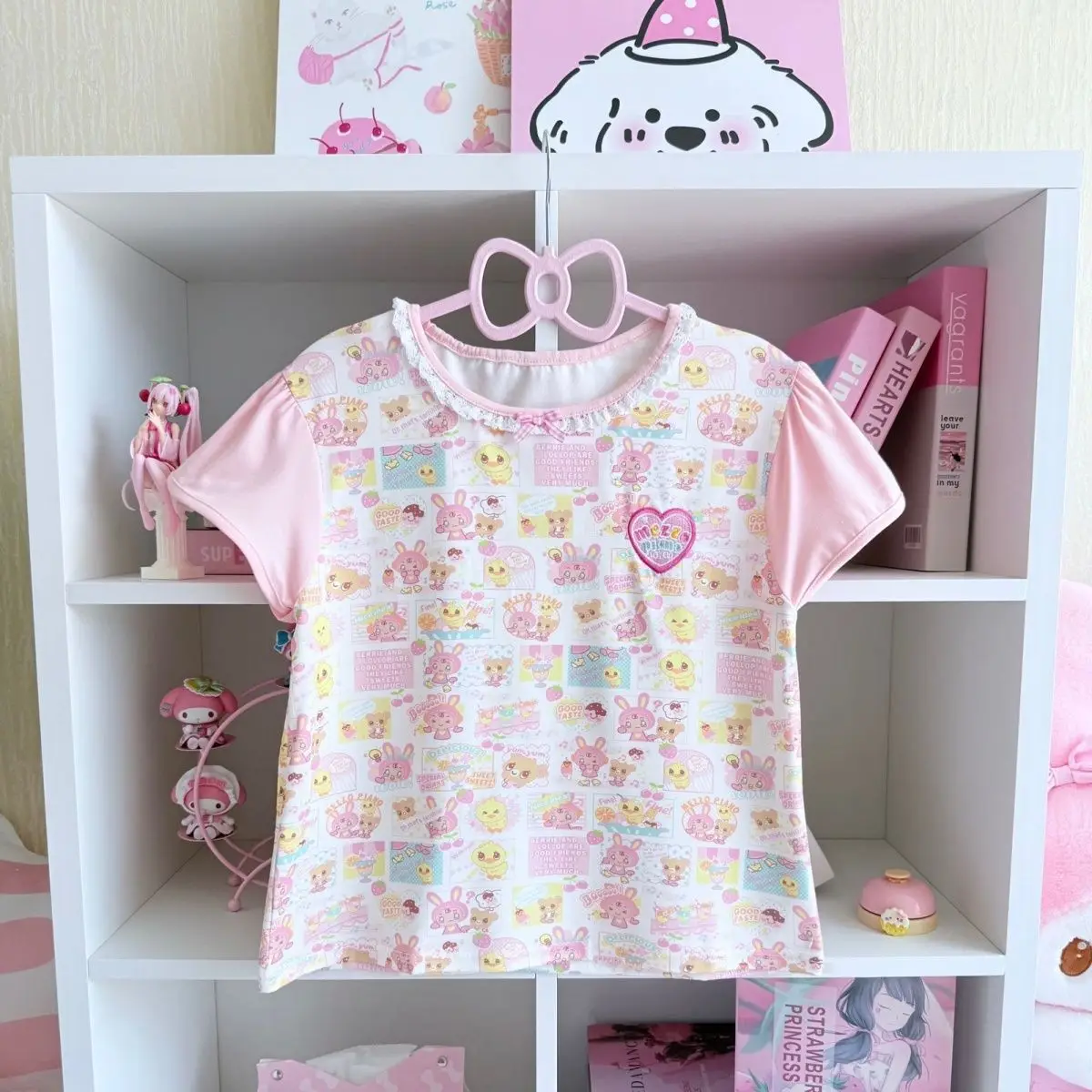 Japanese Cute Cartoon Mp Printed Jojifuku Short-sleeved T-shirt Summer New Lace Bow Neck Sweet Girl Graphic T Shirts Y2k Top