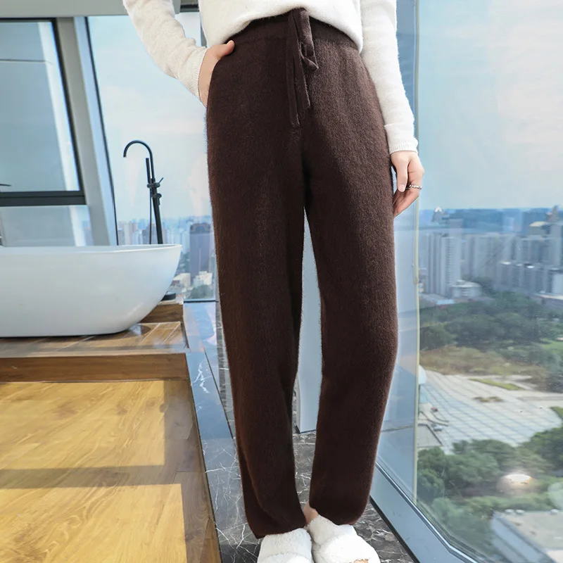 Autumn 100% Pure Mink Cashmere Knitted Trousers Ladies Elastic Waist Outside With Pencil Pants Casual Pocket Warm Thick Leggings