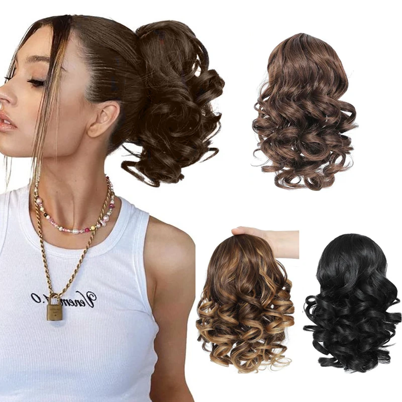 

Synthetic Short curly Drawstring Ponytail extensions with Clip in Hairpieces for Women daily use that beginners