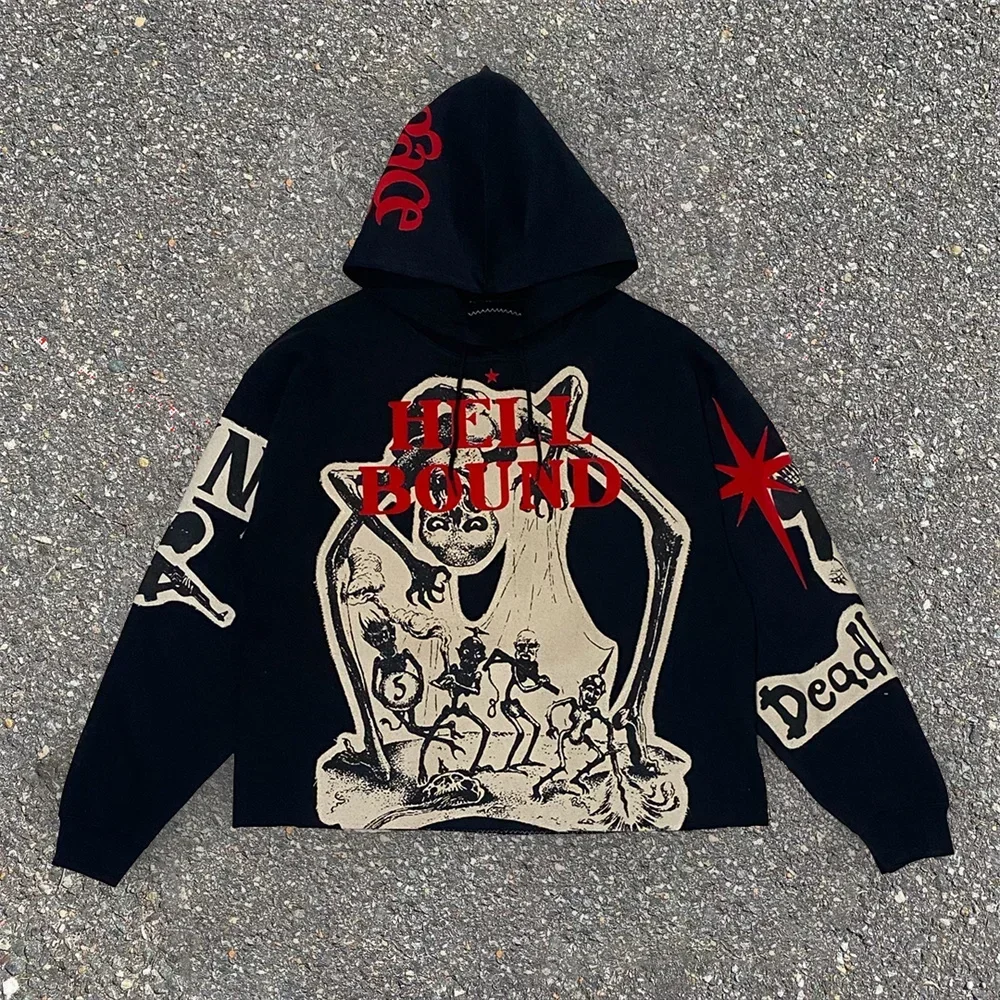 Trend Gothic Skull Print American Hoodie Men\'s Harajuku Y2K Jacket Street Retro Elastic Long Sleeve Loose Sweatshirt Streetwear