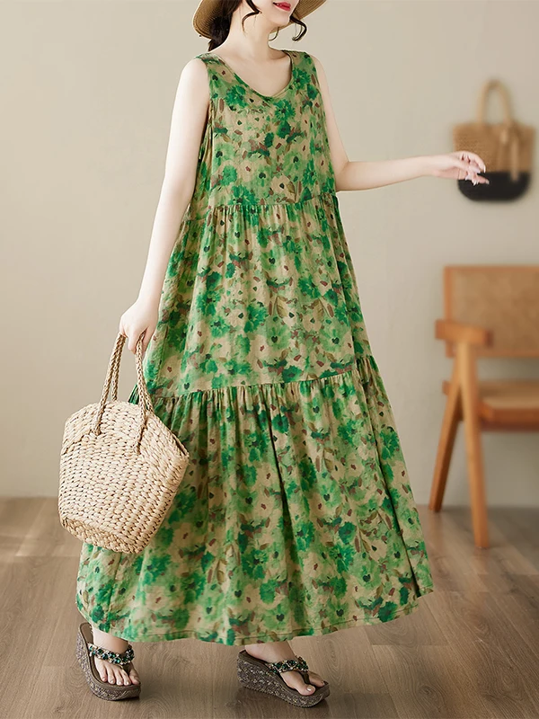 Ladies Summer New Loose Fit A-Line Vest Svel Overhead Dr Retro Artistic Sle Large Size Cotton Linen Blend Skirt