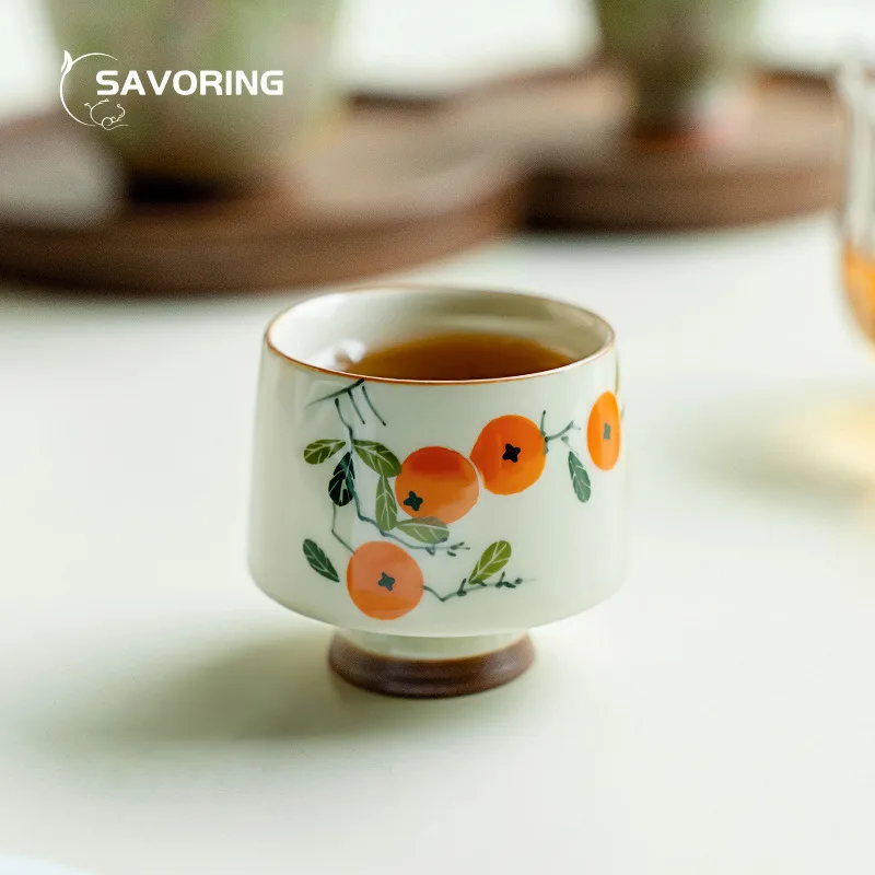 Grass Ash Teacups Hand Painted Persimmon Tea Cup Puer Cup For Tea High Foot Master Aesthetic Cups Kungfu Tea Set Tea Tool Gift