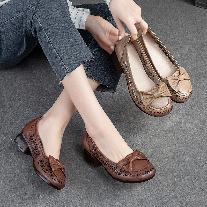 GKTINOO Genuine Leather Sandals Women Low Heels Shoes 2024 Spring Summer Round Toe Soft Sole Women\'s Fashion Shoes Big Size