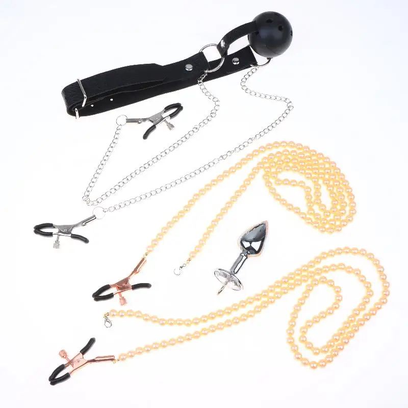 【AD】BDSM Anal Beads Butt Plug Mouth Gag Set Pearl Nipple Clamps With Chain Metal Breast Clip Bondage Slave For Women Sex Toy Kit view 3