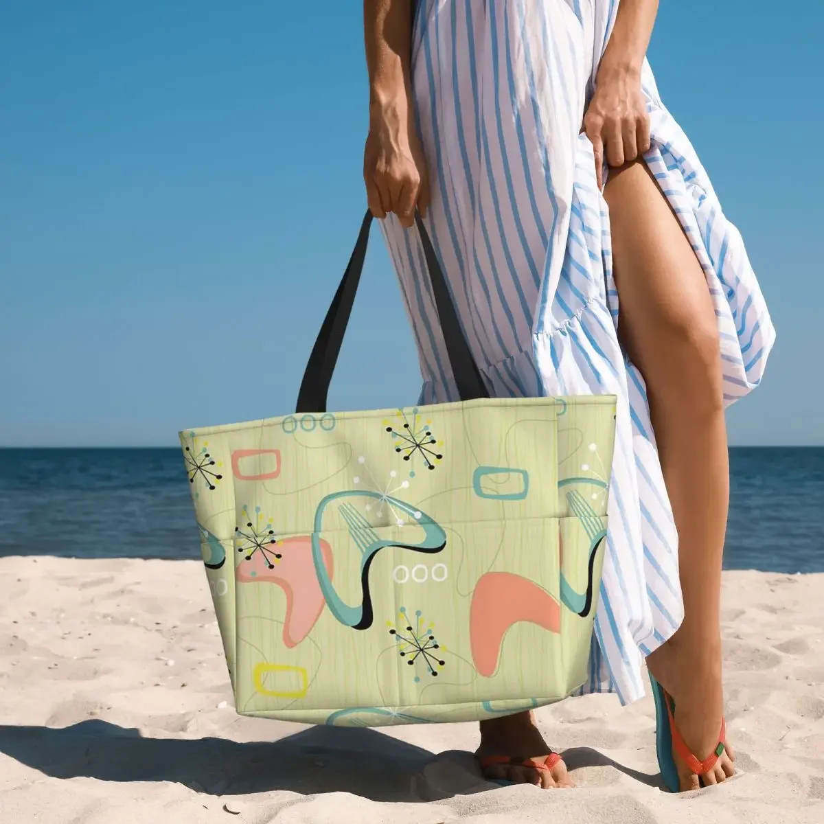 Retro Eames-Era Atomic Inspired Geometry Pattern Beach Tote Bag Sport Yoga Duffle Large Tote Bag Women Travel Bag Fitness bag