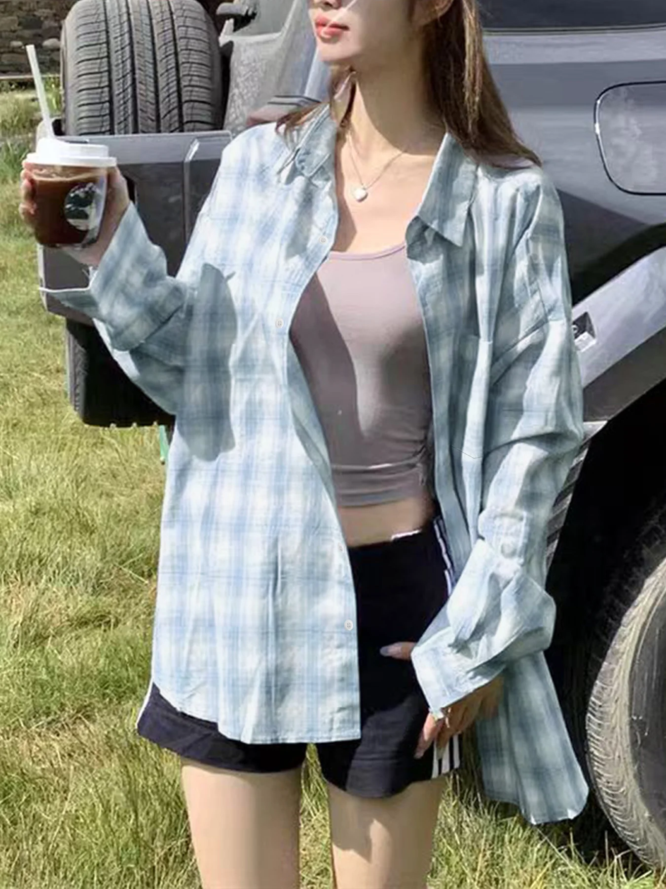 قميص منقوش باللون الأزرق الطازج والهواء للنساء، طراز قديم، واقي من الشمس، أنيق كسول، قميص ذو علامة تجارية متخصصة