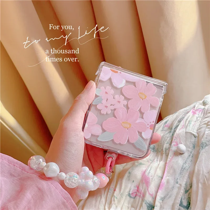 Romantic Pink Oil Painting Flower Phone Case for Samsung Galaxy Z Flip6 4 3 Hard Cover for ZFlip5 Zflip4 Solid Shell Bracket