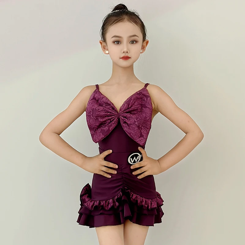 

Latin Dance Practice Performance Kids Girls Professional Bowknot Spaghetti Strap Bodysuit Fishbone Skirt Competition Dancewear