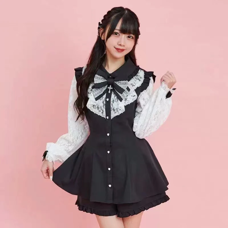 SC Japanese Style New Cross Bow Lace Sleeve Mine Lolita Dress Top and Shorts Two Piece Set Girl Women\'s Sweet Shorts Set Outfits